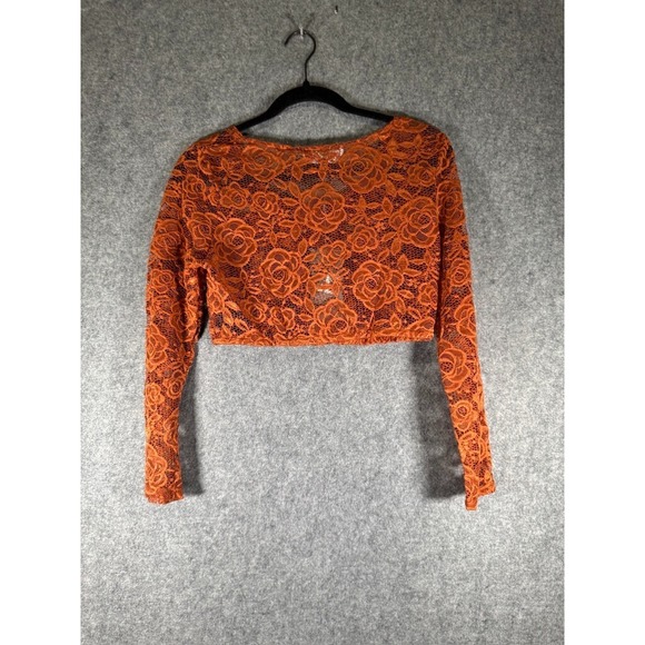 Pretty Angel Rust Orange Floral Rose Lace Long Sleeve Crop Top L/XL NEW - Picture 8 of 9